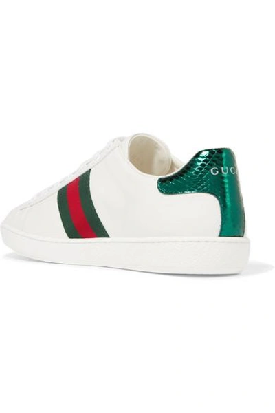 Shop Gucci Ace Watersnake-trimmed Embellished Leather Sneakers In White