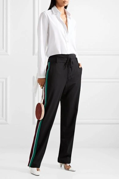 Shop Tibi Dempsey Striped Silk-trimmed Crepe Straight-leg Pants In Black