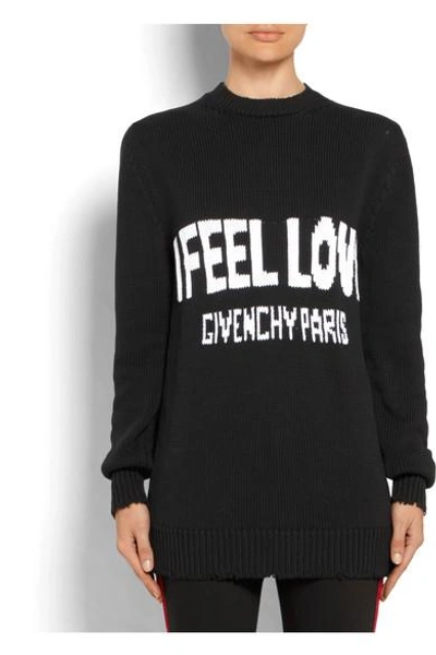 Shop Givenchy Oversized Distressed Intarsia Cotton Sweater In Black