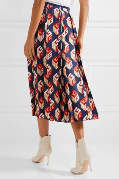 Shop Gucci Pleated Printed Silk-twill Midi Skirt In Navy