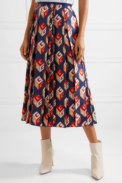 Gucci Pleated Printed Silk-twill Midi Skirt In Navy | ModeSens