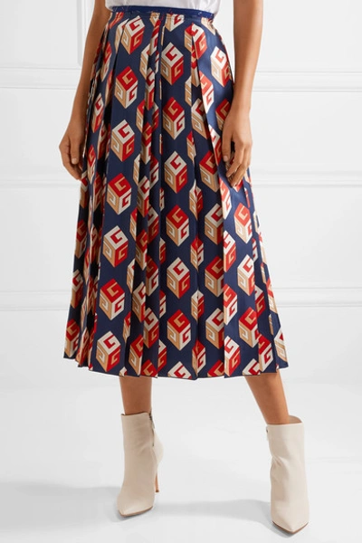 Shop Gucci Pleated Printed Silk-twill Midi Skirt In Navy