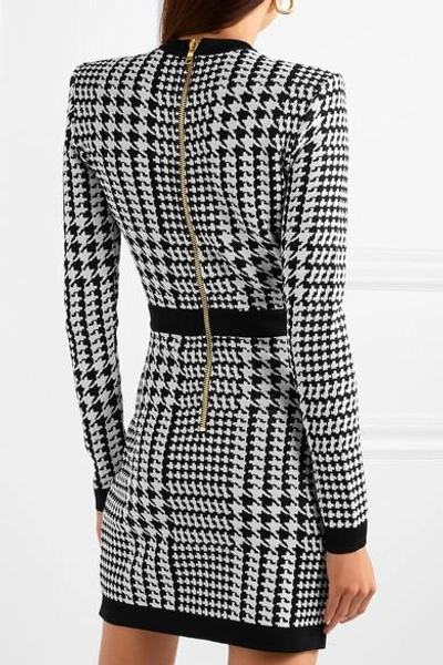 Shop Balmain Houndstooth Mesh-trimmed Stretch-knit Mini Dress