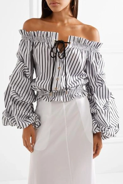 Shop Caroline Constas Lorena Off-the-shoulder Striped Cotton-poplin Top