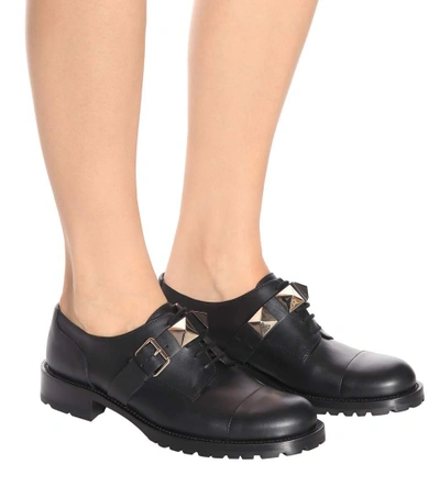 Shop Valentino Rockstud Leather Derby Shoes In Black