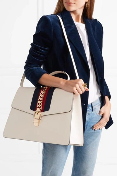 Shop Gucci Sylvie Large Chain-embellished Leather Tote In White