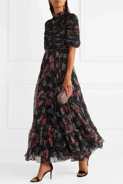 Shop Valentino Embellished Lace-trimmed Floral-print Silk Crepe De Chine Gown
