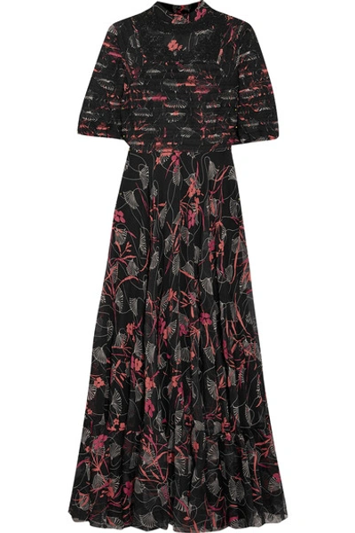 Valentino Embellished Lace-trimmed Floral-print Silk Crepe De Chine Gown In Black