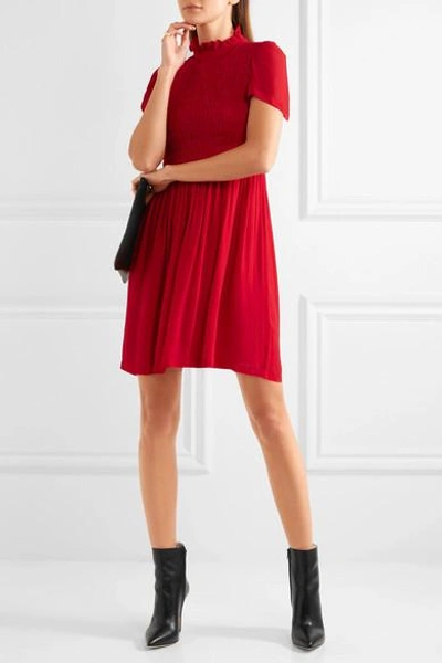 Shop Alexa Chung Ruffled Smocked Chiffon Mini Dress In Red