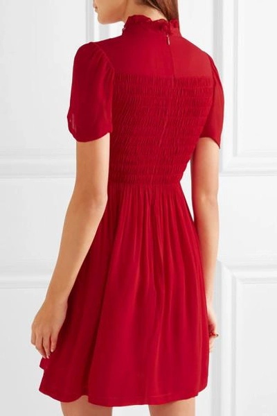 Shop Alexa Chung Ruffled Smocked Chiffon Mini Dress In Red
