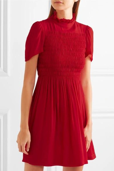 Shop Alexa Chung Ruffled Smocked Chiffon Mini Dress In Red