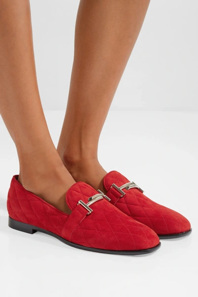 Shop Tod's Quilted Suede Loafers In Claret