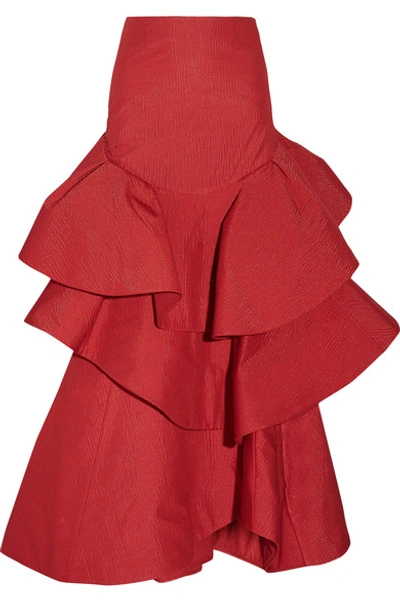 Rosie Assoulin Lettuce Be Tiered Seersucker Maxi Skirt In Red