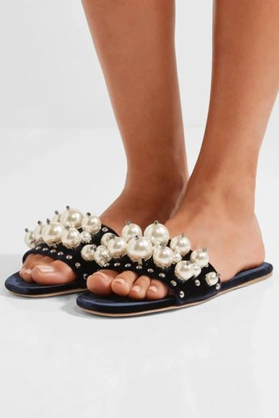 Shop Miu Miu Embellished Velvet Slides