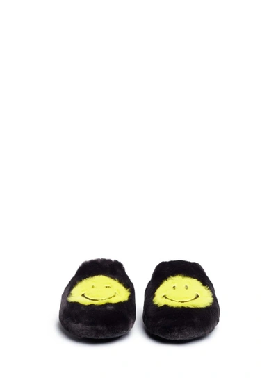 Shop Joshua Sanders Smiley® Embroidered Rabbit Fur Slippers