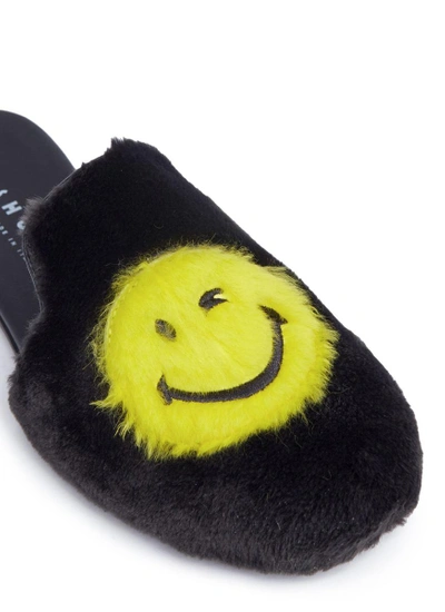 Shop Joshua Sanders Smiley® Embroidered Rabbit Fur Slippers