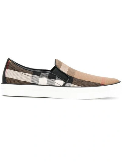 Shop Burberry House Check And Leather Slip-on Sneakers - Brown