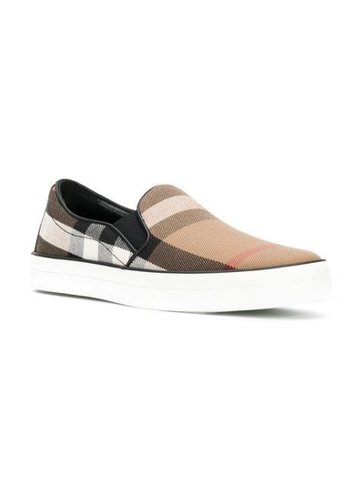 Shop Burberry House Check And Leather Slip-on Sneakers - Brown