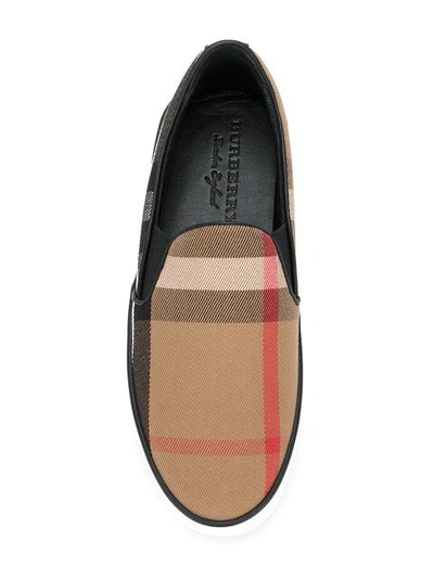 Shop Burberry House Check And Leather Slip-on Sneakers - Brown