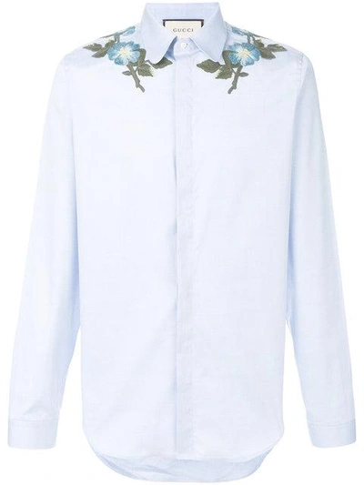 Gucci Floral-embroidered Cotton Shirt In Blue