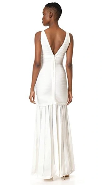 Shop Herve Leger V Neck Gown With Pointelle Skirt In Alabaster