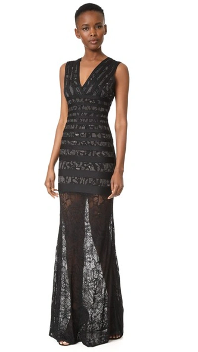 Herve Leger Sleeveless Lace V-neck Gown In Black Combo
