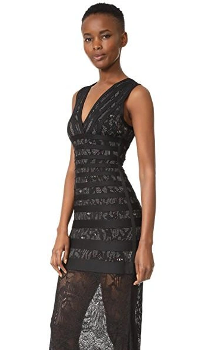 Shop Herve Leger Striped Lace Inset Gown In Black Combo