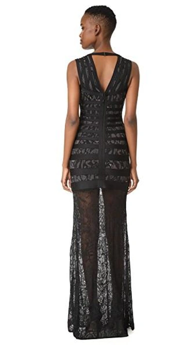 Shop Herve Leger Striped Lace Inset Gown In Black Combo