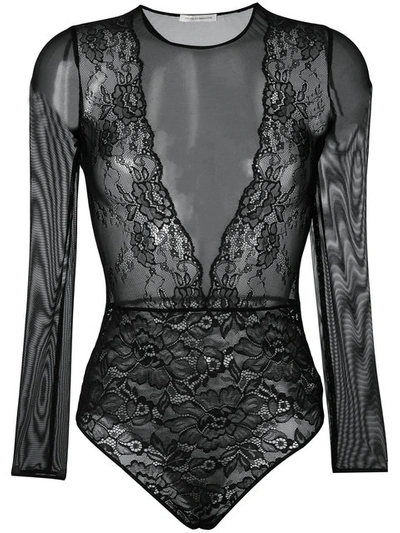Faith Connexion Long-sleeved Lace And Mesh Bodysuit In Black