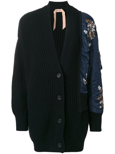 N°21 No21 Embroidered Arm Ribbed Cardigan In Black