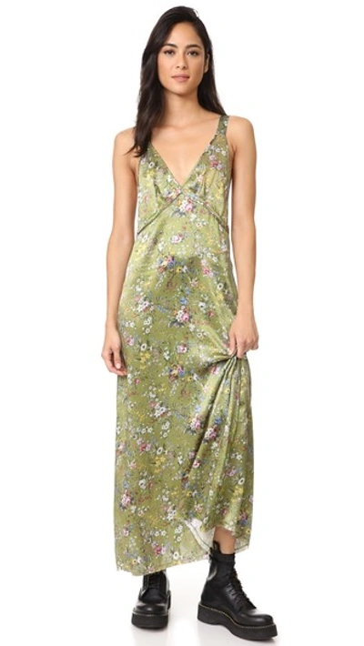 R13 Long Slip Dress In Green Floral
