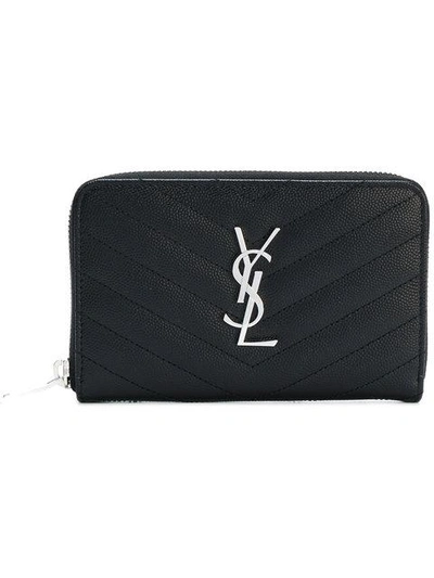 Shop Saint Laurent Logo Monogram Zip Wallet - Black