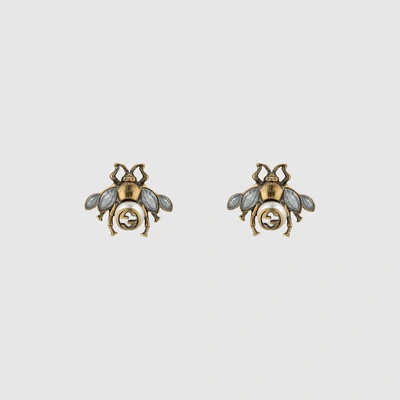 Gucci Bee Crystal And Pearl Embellished Earrings In Gold