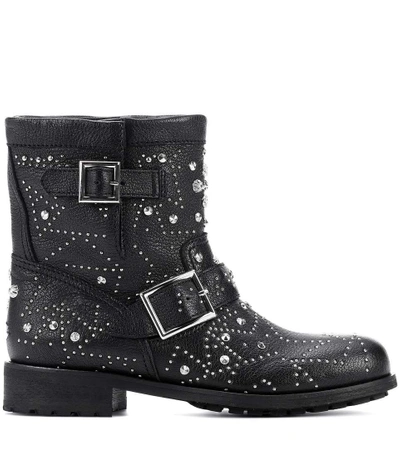 Shop Jimmy Choo Youth Embellished Leather Ankle Boots In Black