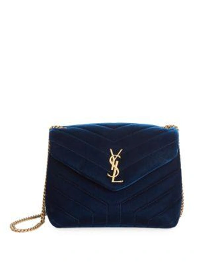 Shop Saint Laurent Loulou Small Monogram Matelasse Velvet Chain Shoulder Bag In Marine