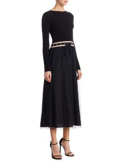 Red Valentino Long Sleeve Knitted Tulle Dress In Black