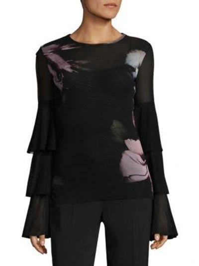 Shop Fuzzi Tier Ruffle Sleeves Floral Top In Graphite