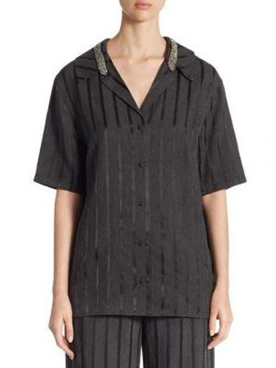 Shop Alexander Wang Crystal-trim Striped Short-sleeve Pajama Top In Black