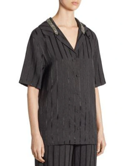 Shop Alexander Wang Crystal-trim Striped Short-sleeve Pajama Top In Black