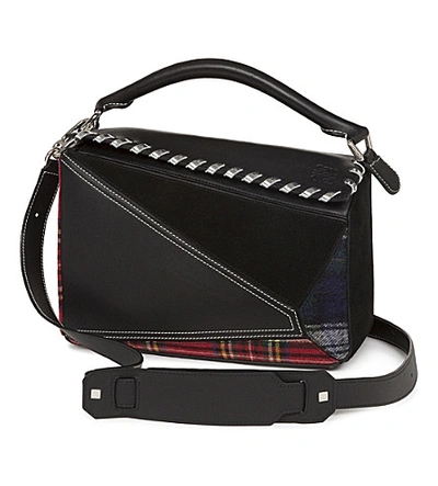 Shop Loewe Puzzle Tartan Leather Shoulder Bag In Black/multicolor