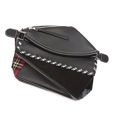 Shop Loewe Puzzle Tartan Leather Shoulder Bag In Black/multicolor