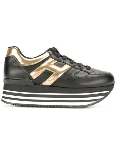 Hogan 70mm Maxi 222 Leather Sneakers, Black/gold In Black + Apricot