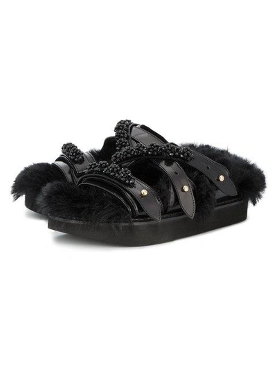 Shop Simone Rocha Faux Fur Lined Beaded Sandals