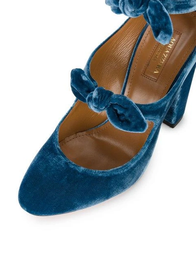 Shop Aquazzura Blue Velvet Sandy Bow 115 Heels