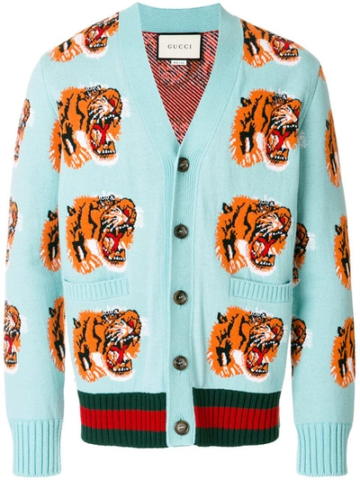 Gucci Tiger Jacquard Wool Cardigan In Blue