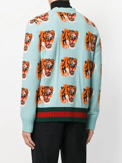 Gucci Tiger Jacquard Wool Cardigan In Blue | ModeSens