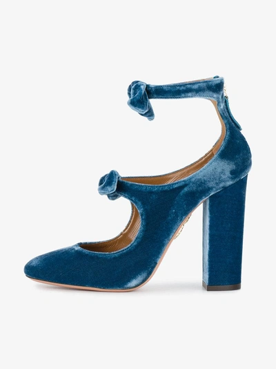 Shop Aquazzura Blue Velvet Sandy Bow 115 Heels