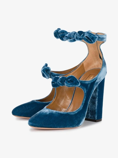 Shop Aquazzura Blue Velvet Sandy Bow 115 Heels