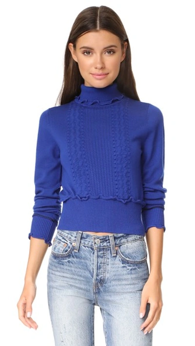 3.1 Phillip Lim / フィリップ リム Woman Ruffle-trimmed Pointelle-knit Wool-blend Turtleneck Sweater Bright Blue In Electric Blue