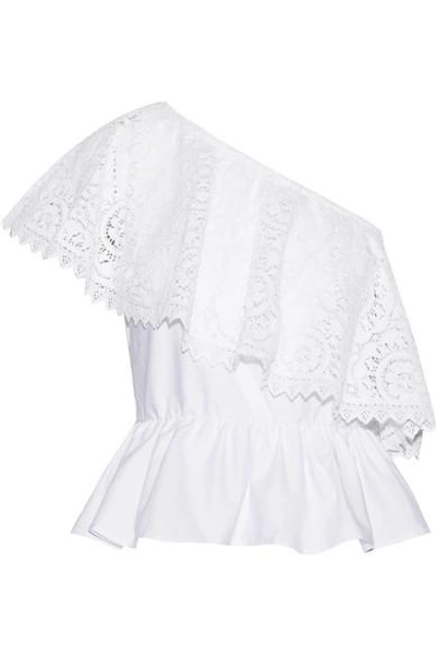 Shop Place Nationale Le Cannet One-shoulder Lace And Cotton-poplin Top In White